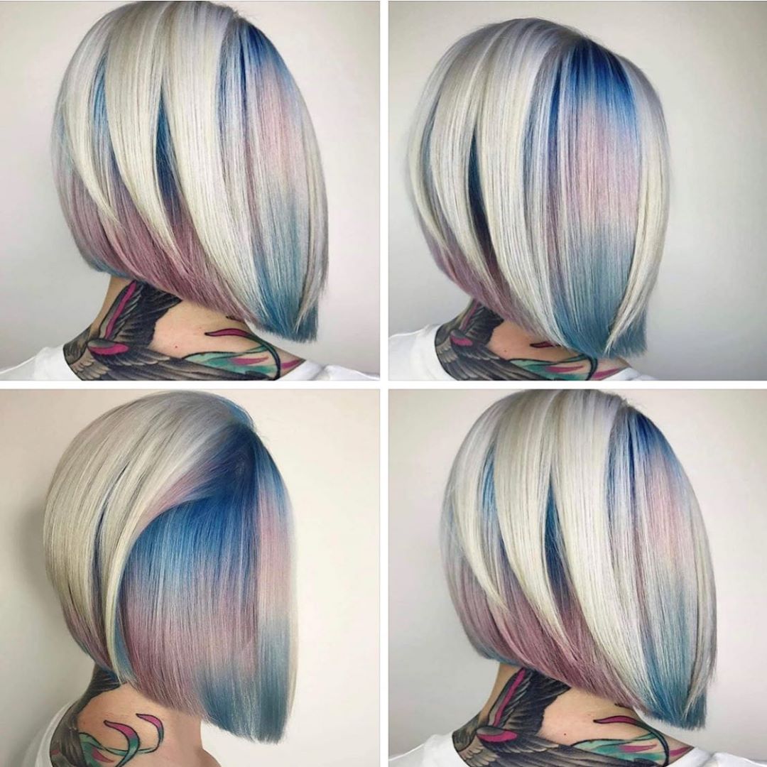 Bob asimmetrico con combinazione di colori biondo, azzurro, rossa
