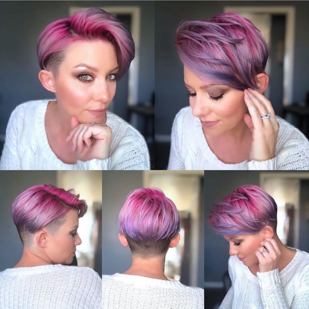 Pixie undercut asimmetrico con balayage sulle tonalità del rosa e viola