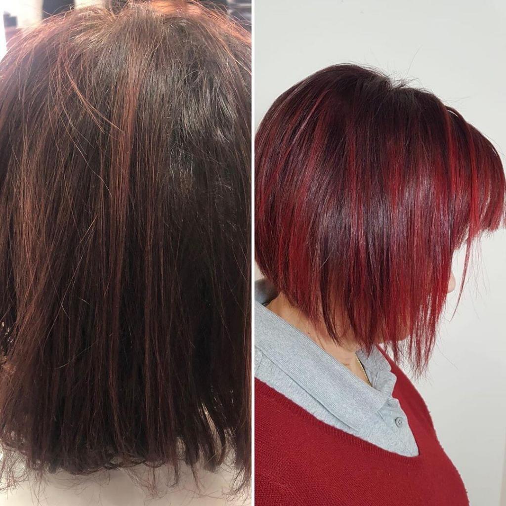 Bob scalato e sfilato con frangia e balayage rosso su base castana